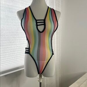 Pride fishnet adult lingerie rainbow bodysuit XL